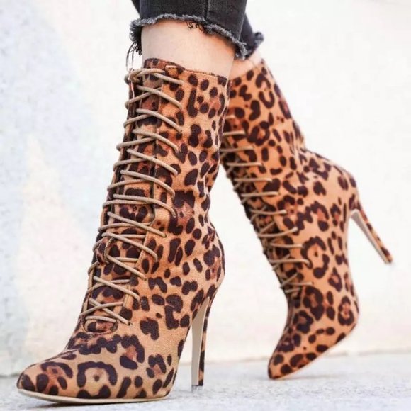 Shoes - Leopard Vegan Suede Stiletto Lace Up Boot